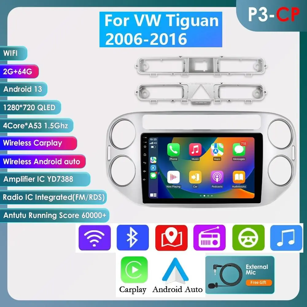 Hizpo 64G Android Car Radio with Touchscreen, WiFi, Android Auto, GPS Navigation for VW Volkswagen Tiguan 1 NF 2006-2016, Multimedia Video Player Stereo with CarPlay, P3-Cp(2G 64G) Ahdc6