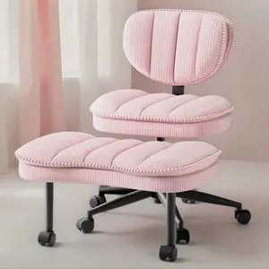Cross-Legged Office Chair with Corduroy Seat Pink/White Ergonomic Design for Comfort and Easy Assembly