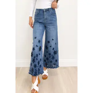Faithfully Floral Cutout Flower Pants - Denim