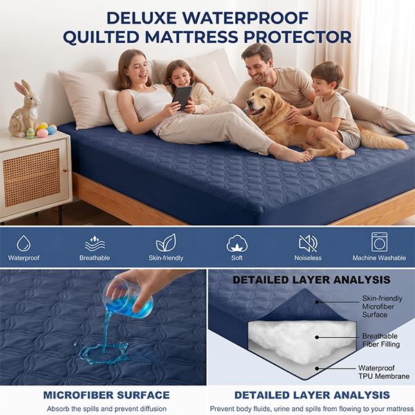 BRJ Waterproof Mattress Protector, Soft Breathable Quilted Mattress Cover for Quiet Sleep, Deep Pocket Fits 6-18 Inch Mattresses, Machine Washable