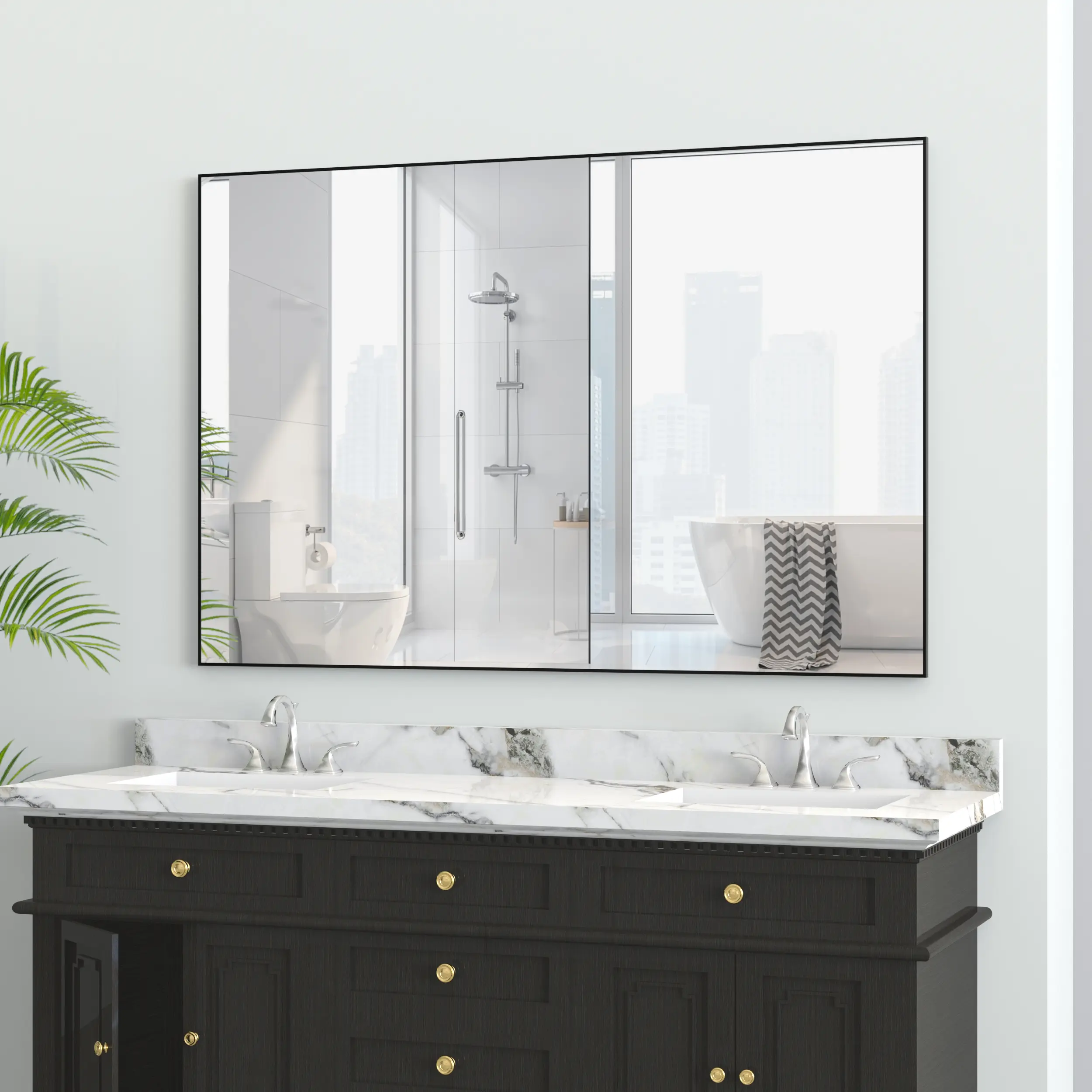 Oversized 48x32 Inch Modern Rectangle Wall Mirror with Aluminum Frame, Large Decorative Mirror for Bathroom, Living Room, Bedroom, Vertical or Horizontal Mounting, Black Finish