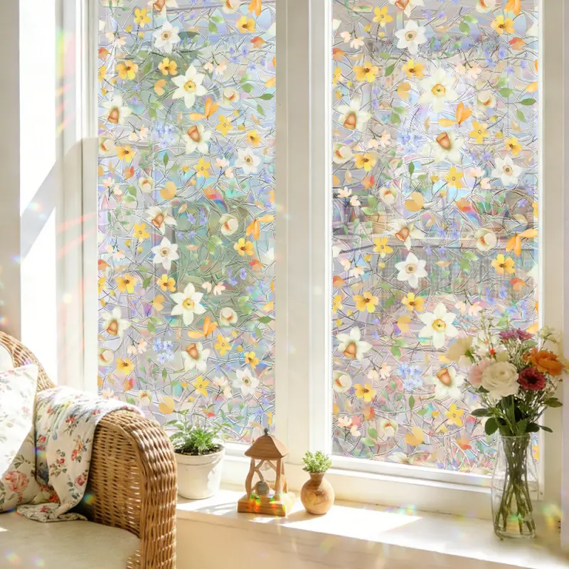 Spring Indoor Glass Decor Flower Window Sticker, Decorative Stickers, Decorative Decal, PVC Electrostatic Color Window Film, Double-Sided Bird & Floral Pattern Window Cling, Static Cling No Residue, PVC Sunshade Sticker for Home & Office Decoration