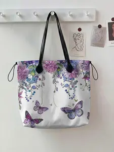 Floral Butterfly Pattern Drawstring Tote Bag, Large Capacity Shopping Bag, Durable All Season Casual Style, Handheld Bag, Perfect for Work, Shopping, Picnic, Casual Commuter Bag