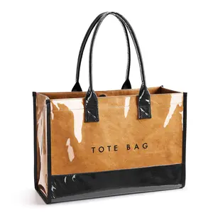 KALIDI PVC Tote Bag for Women Large Kraft Paper Work Handbag Jelly Purse Travel Beach Shopping Plastic Shoulder Bag