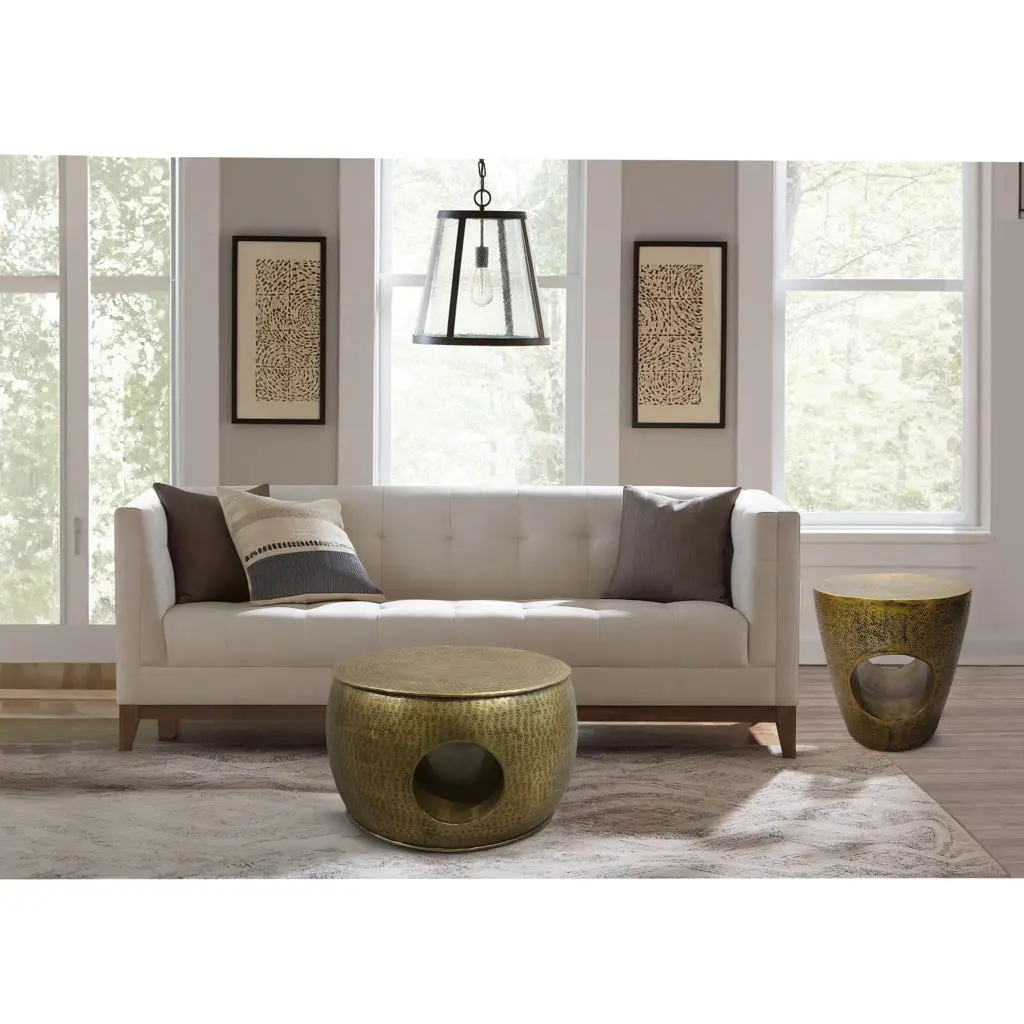 Nala 23 Inch Coffee Table, Low Round Drum Shape with Unique Hollow Center, Antique Brass Aluminum By The Urban Port