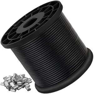 Vinyl Coated Wire Rope 304 Stainless Steel Coated Wire -Black, 1/16" OD to 3/32" x 200FT, with   & 60 count Crimping Sleeves- for String Lights, Suitable for Clotheslines