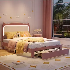 GAOMON Full Size Bed Frame with Cat Headboard, Full Platform Bed Frame with GRB LED Lights, Storage Drawer & Strong Wood Slats Support, Noise Free, No Box Spring Needed, Easy Assembly,pink
