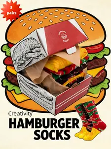 3 Pairs Women's Burger Socks, Creative High-Cut Boxed Funny Long Socks, Patchwork Cotton Socks for Home, Date, Party, Sports