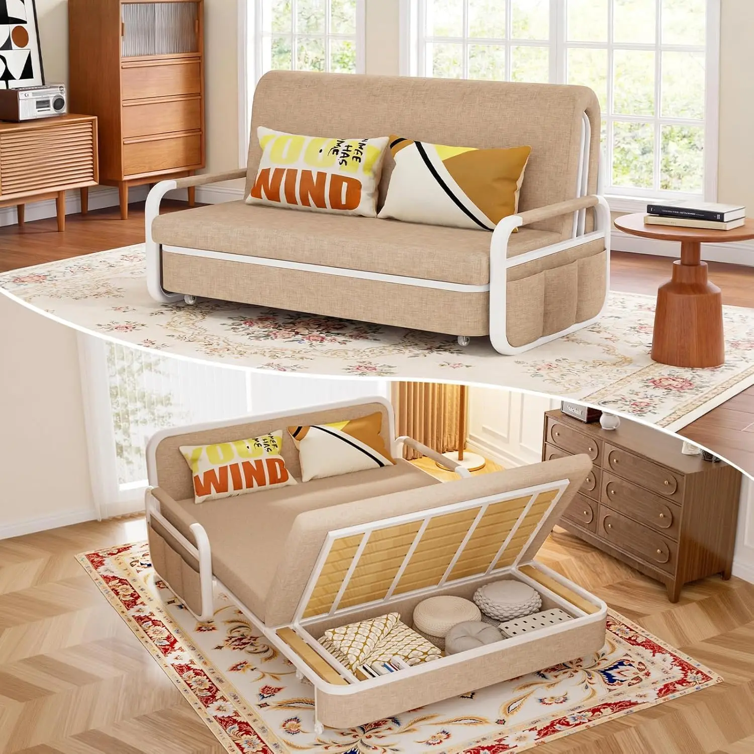 HG PLVTII 62" Pull Out Sofa Bed, 3 in 1 Convertible Sleeper Sofa, Full Size Loveseat Couch Bed with Storage, Trundle and 2 Pillows for Living Room, Bedroom, Dorm, RV,Office (Saddle Tan 809)