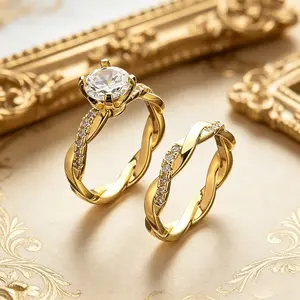 Twisted Band Engagement Ring Set for Couples, 4-Prong Solitaire Promise Ring & Wedding Band, Elegant Statement Jewelry Gift for Her & Him