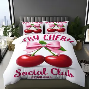 Cherry Social Club Duvet Cover Set, Cute Bow Design, 1 Duvet Cover + 1/2 Pillowcases, Perfect for Girly & Retro Bedroom Decor