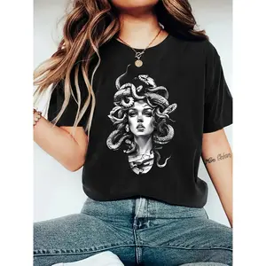 Women's Black 180g Cotton Round Neck Short Sleeve Graphic T-Shirt, Medusa Snake Print Design, Casual Lightweight Summer Tee, Bold Stylish Mythology-Inspired Top