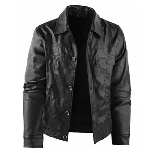 LEDUNTINO Men's Leather Jacket with Collar Design, Buttoned Motorcycle Windbreaker, Casual Fit, Modern Style, Fashionable and Multi-functional