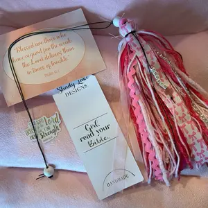 Pink Bows and Bling Bible Book Tassel Bookmark Handmade with Inspirational Quotes Prayer Card and Sticker