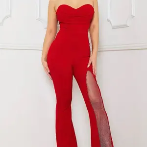Rhodiumstone Jumpsuit with Pleated Sweetheart Design, Mesh Panel on Left Leg, Bell Bottom, Zipper Back, Comfortable Women's Wear - Womenswear