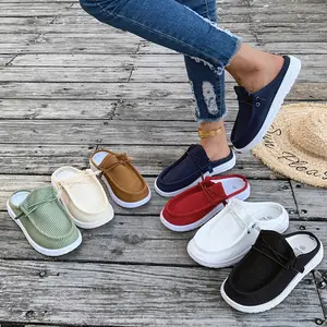 Women's Comfortable Flat Open-back Casual Shoes Stylish Solid-Color Lace-Up Sneakers Daily Walking Slippers