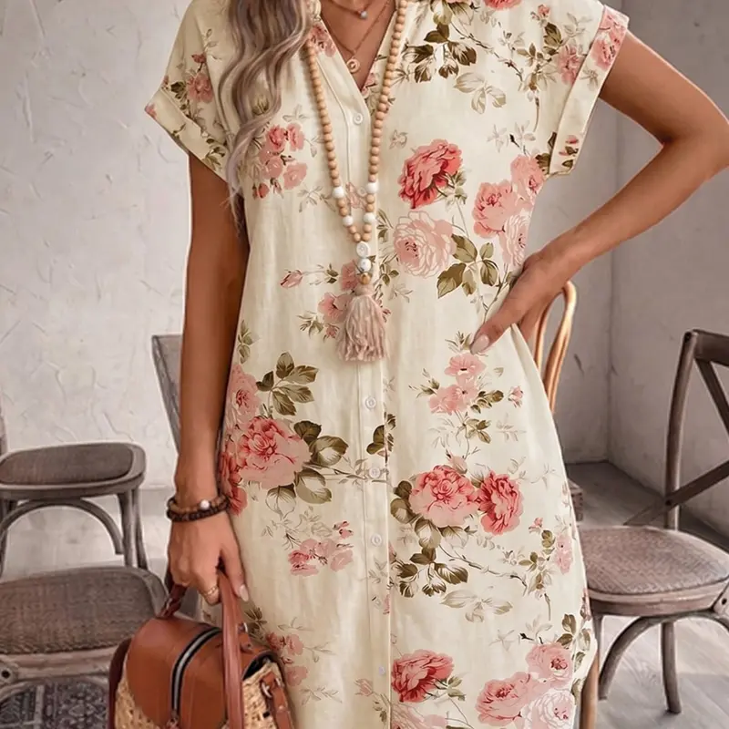 Women's V Neck Floral Print Casual Boho Bohemian Short Vacation Dress, Lightweight Woven Fabric, Perfect for Summer Relaxing Days Outdoors, Boho Shirt Dress, Casual Beach Dress