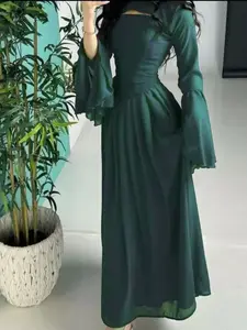 Elegant Emerald Long Dress, Flare Sleeve and Cut-Out Details, Slim-Fitting, All Seasons, Plain Pattern, Women's Fashion