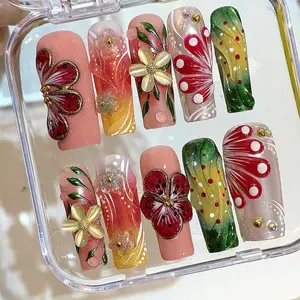 3D Tropical Bloom Press On Nails | Bright Summer Floral Nails, Handmade Vacation Glam Nail Set