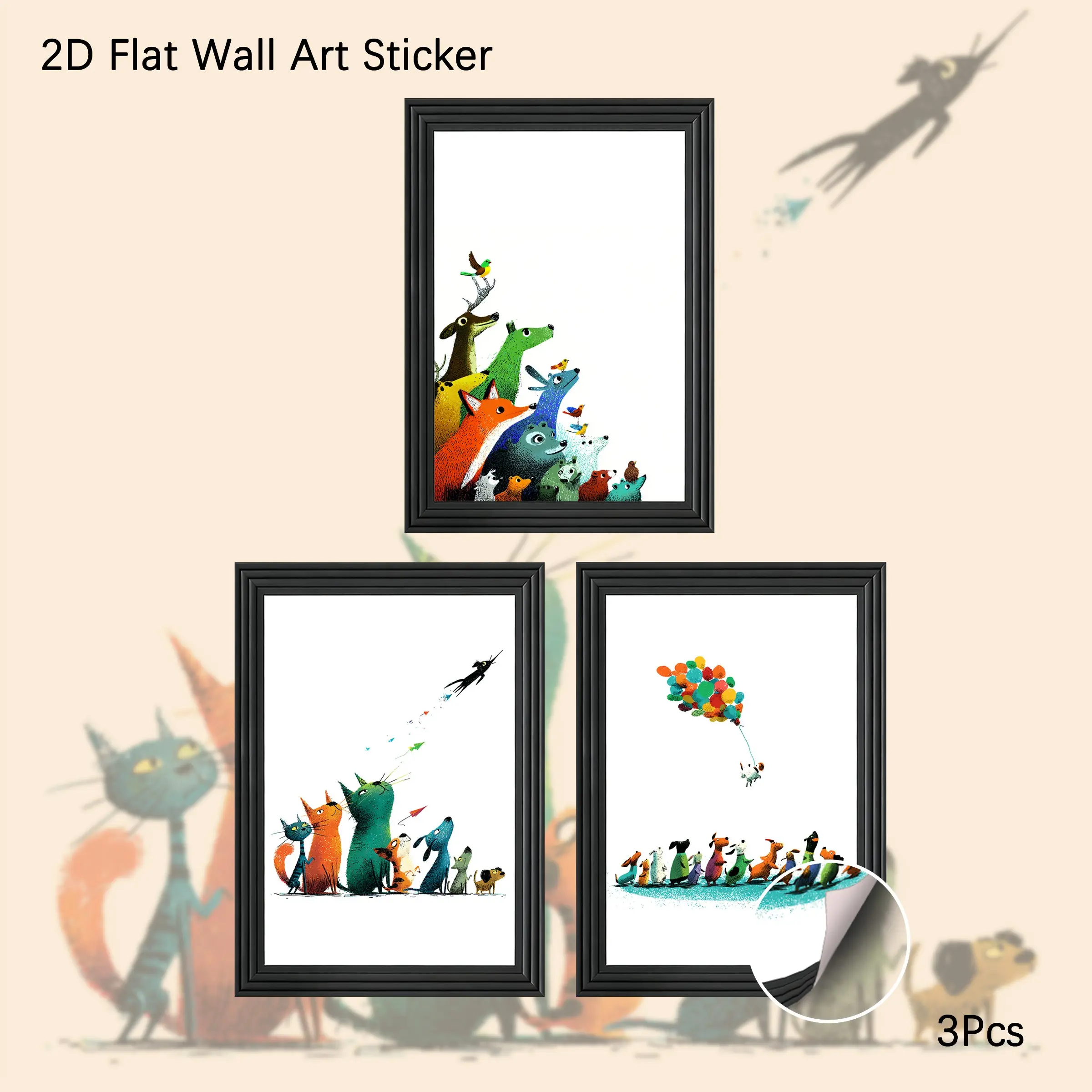 2D Flat Wall Art, 3Pcs PVC Self-Adhesive Framed Wallpaper Sticker, Whimsical Colorful Cartoon Animal Group Wall Decals, Minimalist Art Decor for Living Room, Bedroom, Ideal for Animal Lovers & Playful Aesthetic Fans