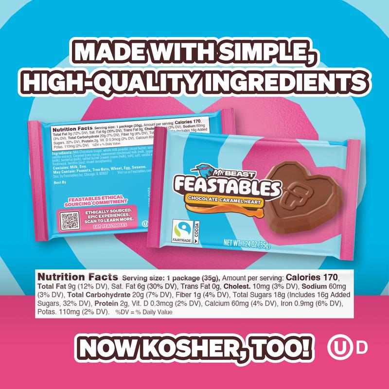 Feastables by MrBeast Valentine's Chocolate Caramel Hearts, 20-Count Share Pack for Gifting & Sharing