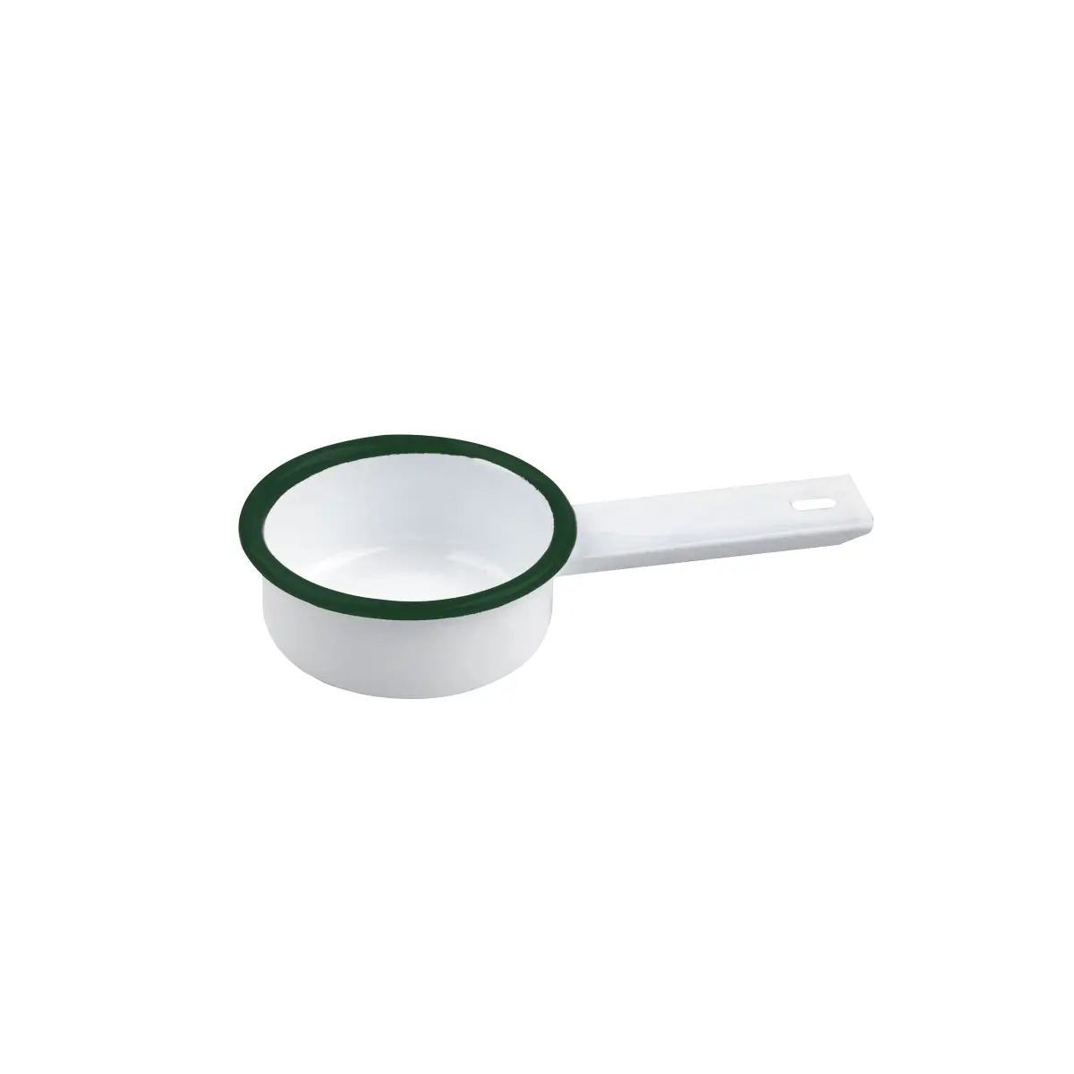 Packnwood 294ENPAN50 2 oz Rim Enamel Mini Saucepan, White with Green - 12 Piece
