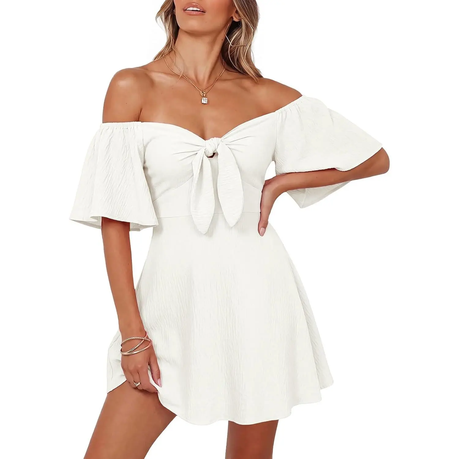 Dokotoo Womens Dresses 2026 Deep V Neck Elegant Bow tie Mini Dress S-XL | 2026 Summer Fall,Short Sleeve,V Neck,Graduation Party Dress,Elegant,Flowy Beach Vacation Wear,Casual Dress