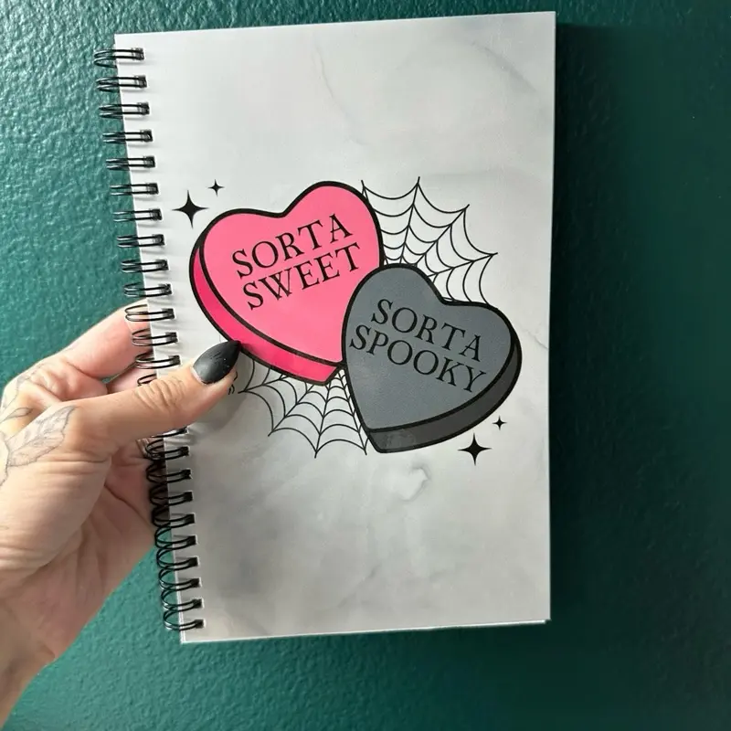 Sorta sweet, sorta spooky handmade notebook 5.5”x8.5” wire bound