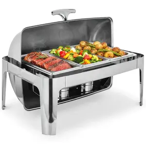 3-Compartment Roll Top Chafing Dish, 201 Stainless Steel Buffet Warmer with 3 x 2.4 QT 1/3 Size Food Pans, 90°/180° Smooth Glide Lid, for Catering, Weddings, Banquets (Silver)