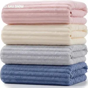 AMA SNOW Set of 4 Striped Coral Fleece Beach Towels: Oversized Bath Towels, Highly Absorbent, Quick-Drying (28 x 55 inches), Stylish, Machine Washable, Durable, Comfortable, Vibrant Colors, Ideal Gift, Suitable for Family Travel, Bathroom, and Beach Use
