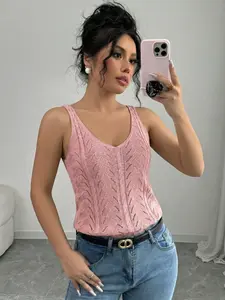 Summer New Pure Color Solid V Neck Hollow Out Sleeveless Knit Top, Beach Vacation Tank Top for Women, Casual Fashion Sweater Vest