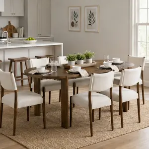 ARCH 7 Piece Oval Dining Table Set for 6, Rustic Farmhouse Solid Rubberwood Kitchen Table Set with 6 Upholstered Chairs, Beige Linen Fabric Seats, Walnut Finish, 71 Inch Large Dining Room Furniture Set, Beige/Walnut Color Options, Color: Beige,Walnut