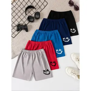 5 Pack Smiley Face Print Kids Shorts, Breathable Printed Shorts, Casual Fun Style, Elastic Waist, Multiple Colors, Suitable for Boys' Daily Sports and Play