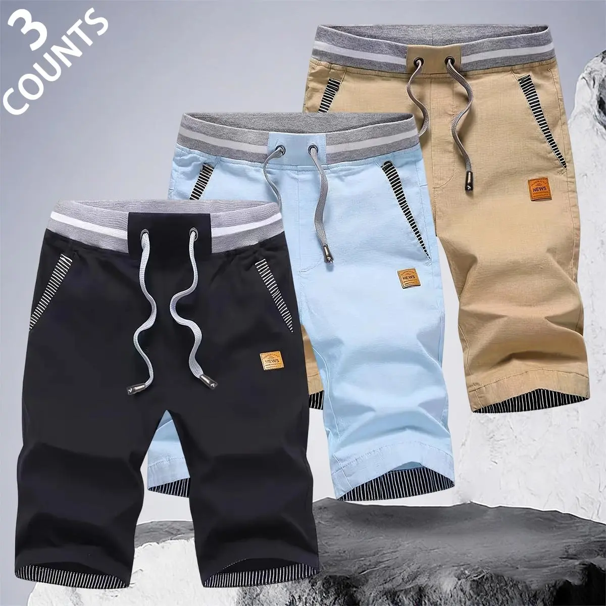 Men's 2-Pack Casual Cotton Blend Athletic Shorts - Elastic Waist Pullstring, Leather Label, Striped Trim, Lightweight Breathable Loose Relaxed Washable Outdoor Men's Shorts for Summer Beach Lounging, Outdoor Activities, Loose Men's Shorts