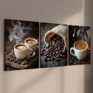 3-Piece Wooden Frame Canvas, Vintage Coffee Theme Triptych Decorative Poster Print, Decorative Wall Art, Modern Art, Waterproof, Ideal for Home, Office, Bedroom