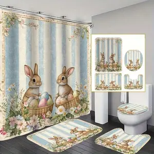 1/4pc Easter Retro Design Shower Curtain Set with Bunny and Egg Pattern, includes non-slip mat, U-shaped rug, and toilet seat cover. Perfect for bathroom décor, partitioning, and beautifying the space. Comes with 12 shower curtain hooks.