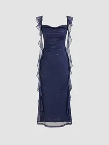 Women's Sexy Slim-Fit Evening Dress, 2026 New Fashion Design, Blue Plain Long Dress with Ribbon and Sparkle Stars, Elegant and Stylish
