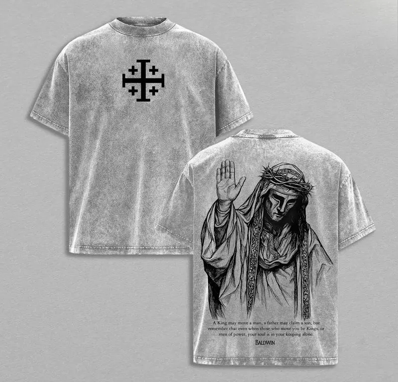 Men's Baldwin IV "The Leper King" Vintage Washed Tshirt, Crusader King of Jerusalem Short-Sleeve Top, Jerusalem Cross Medieval Christian Casual Menswear Gothic Faith Apparel, Shortsleeve, Vintage Graphic Tees, Clothes, Round Neck, Christian Clothing
