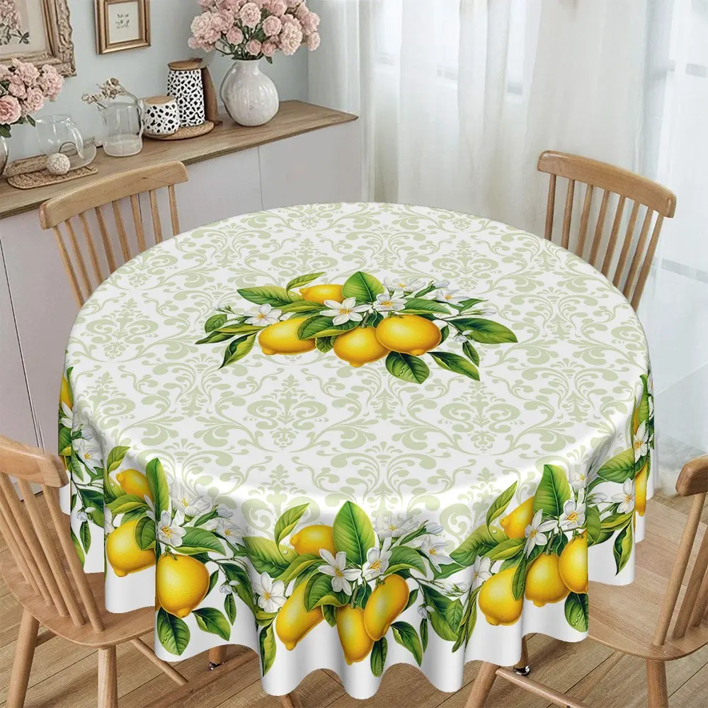 2D Flat Lemon Flower Leaf Print Round Tablecloth, Serene Kitchen Restaurant Table Runner, Party Decor, Holiday Gift, Hotel Home Daily Use