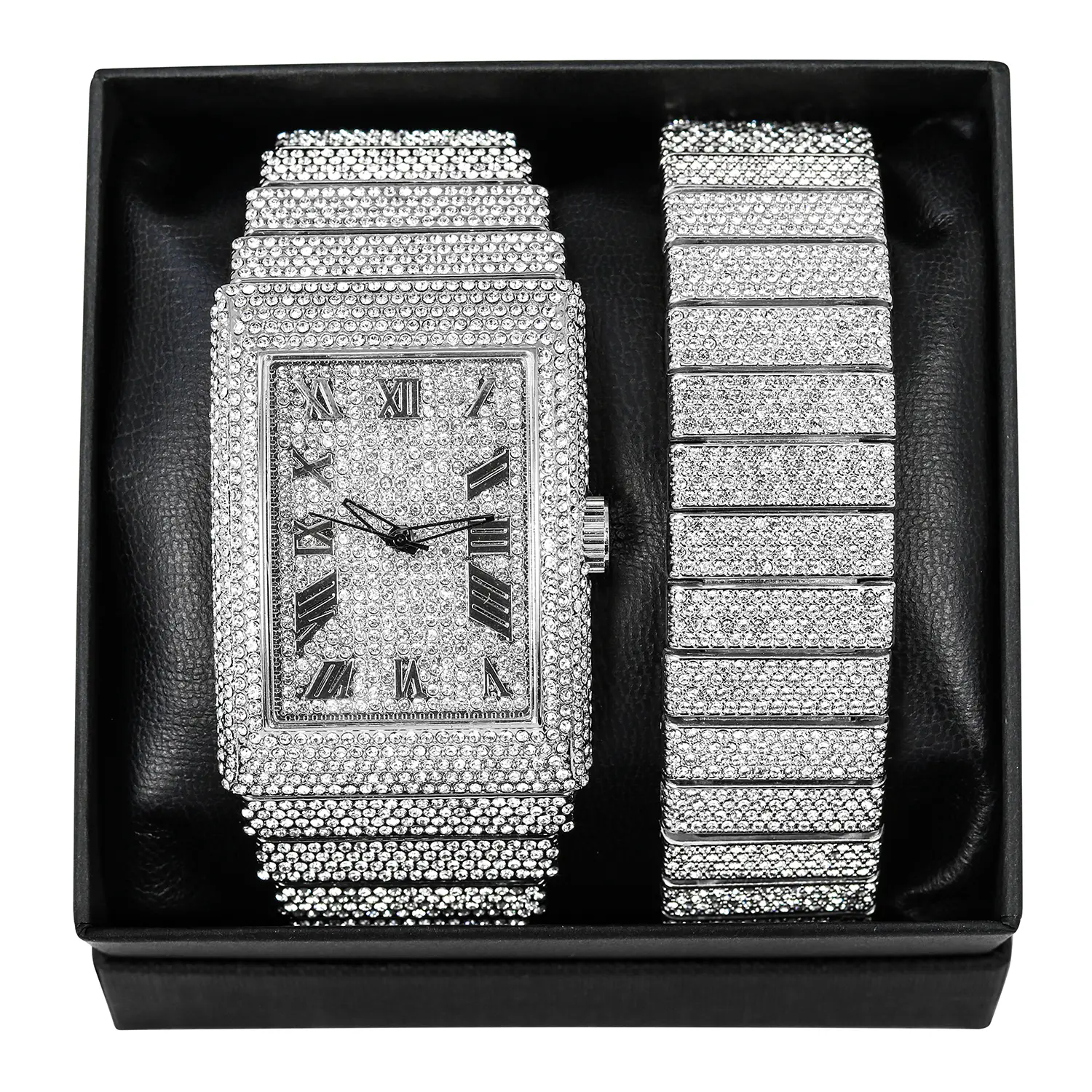 MaxBling81 Men's Square Quartz Analog Silver-Finished Watch Gift Set - Iced Stones, Lab Diamonds, Luxury Chandelier Design, Matching Bracelet for Casual Wear, Quartz Analog Watch