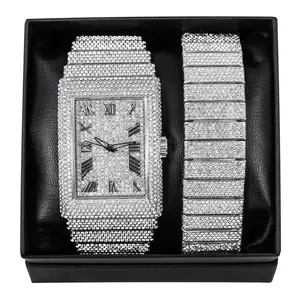 MaxBling81 Men's Silver-Finished Square Quartz Analog Watch Gift Set - Iced Stones, Laboratory Diamonds, Luxury Chandelier Design, Matching Bracelet for Casual Use