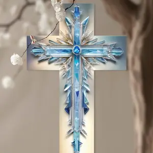 Wooden Cross Wall Art with Multi-Faceted Crystal Design and Unique Crystal Accents, Religious Elegant Indoor Home Decor for Easter, Thanksgiving, Farmhouse, Cafe, Church, Yard