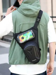 1pc Men's functional hard shell crossbody chest bag, transparent visible phone compartment design, adjustable buckle shoulder strap, street style cycling daily commuting waist bag