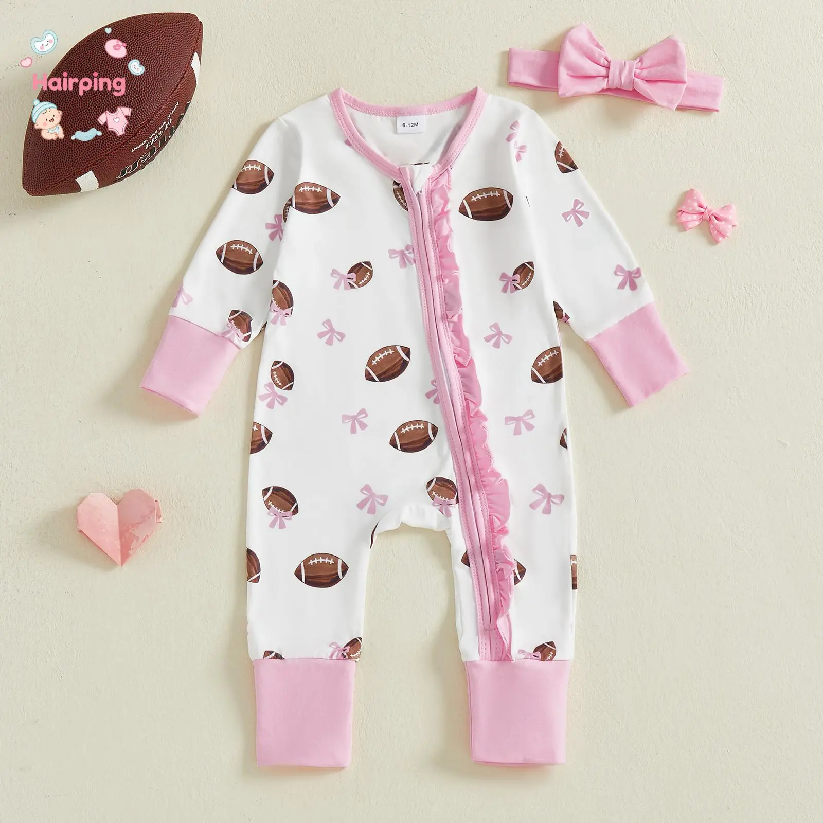 Baby Girl 2 Piece Outfit, Football Bow Long Sleeve Zip-up Romper with Bow Headband Cute Newborn Girl Set, Casual Baby Girls Set