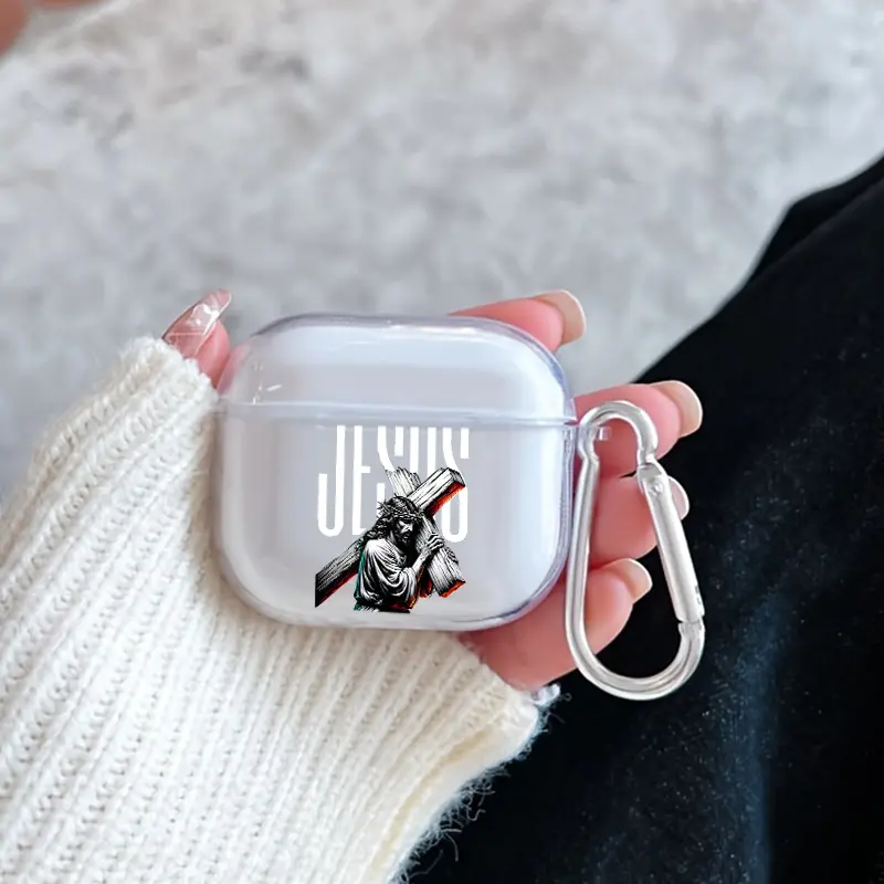 Jesus' Cross Bearing Pattern TPU Soft Protective Case for Apple AirPods 4/3/2/1/Pro/Pro2 Transparent Earphone Cover with Keychain Attachment