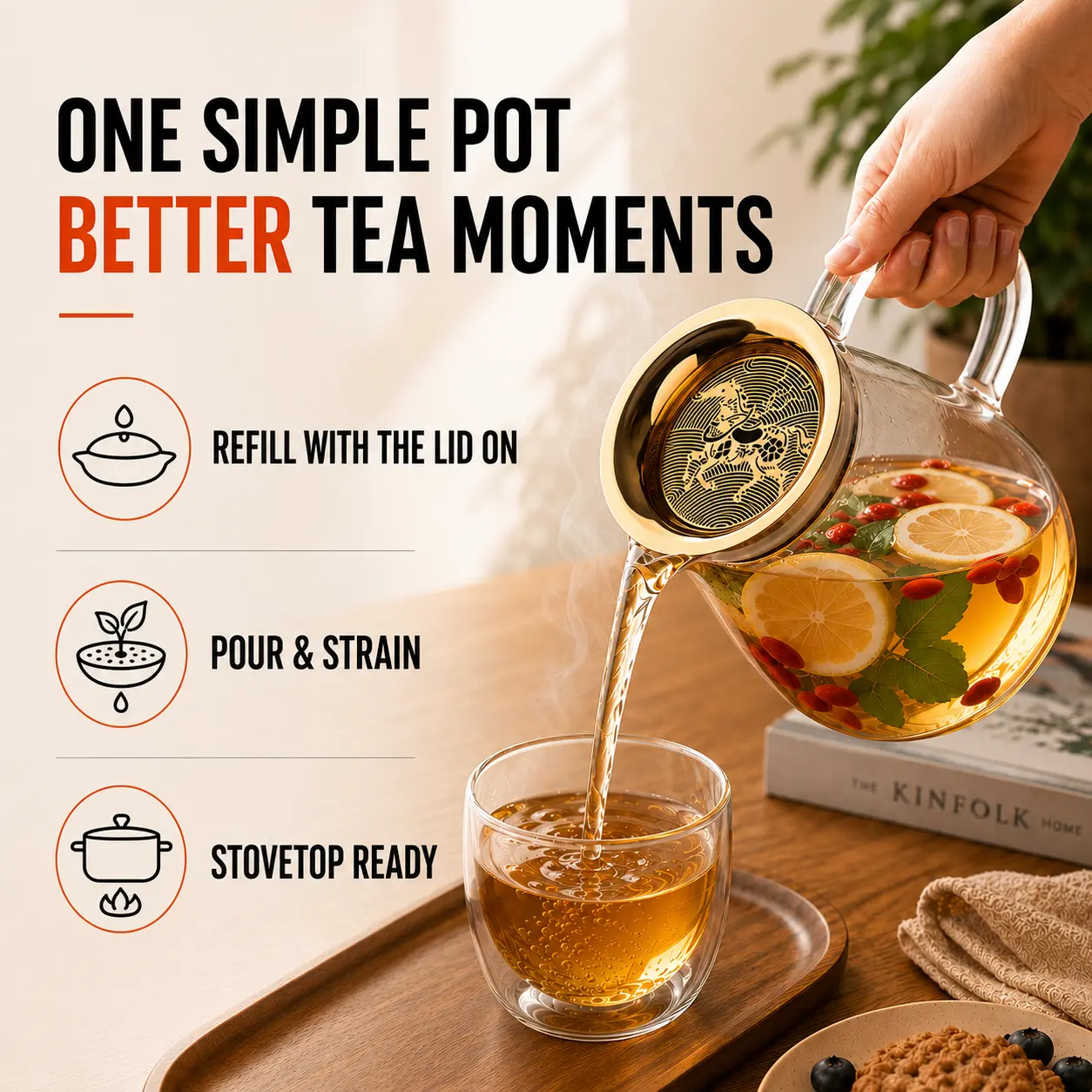 2-in-1 Glass Teapot & Tea Kettle, 22 oz (650 ml) Stovetop-Safe Borosilicate Tea Brewer with Integrated Stainless Steel Strainer Lid, Top-Fill Design and Handle for Loose Leaf, Herbal & Fruit Tea