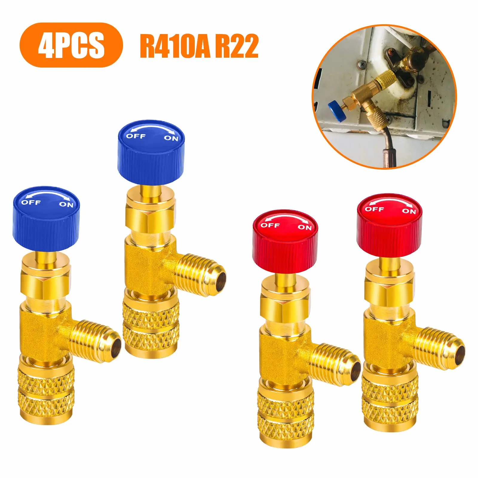 4pcs Air Conditioner Refrigerant Fluorine Adding Safety Valve Switch Set, R22 R410A Adapter Connectors with On/Off Control