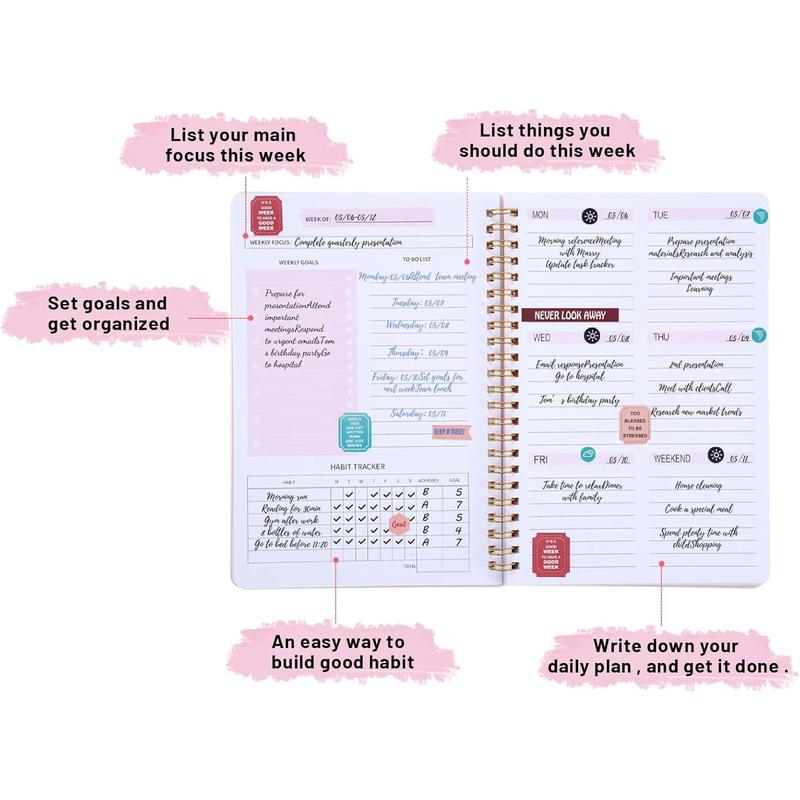 Undated Weekly Planner with Habit , 52 Weeks  Notebook A5 Weekly Goal Planner with Spiral Binding & Stickers  Work School Supplies for Women Girls 8.2" x 5.7" - Cute Style