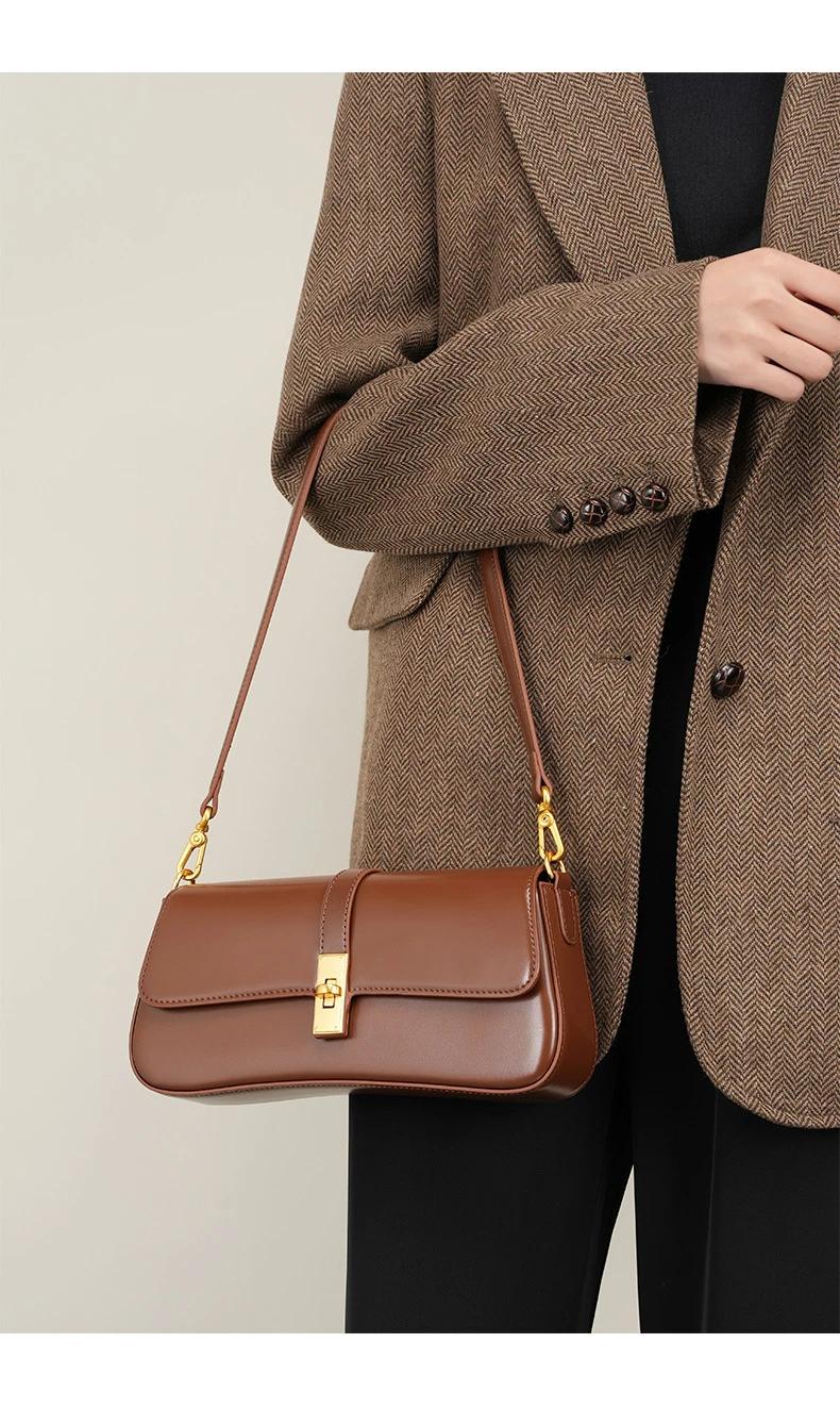 Minimalist Brown Leather Baguette Bag for Women Retro Underarm Shoulder Purse with Gold Lock