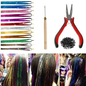Hair Tinsel 37in 12 Colors Tinsel Hair Extensions Shiny Hair Tinsel Kit with Plier Pulling Needle 200Counts Silicone Buckles Glitter Hair Extensions for Cosplay Party